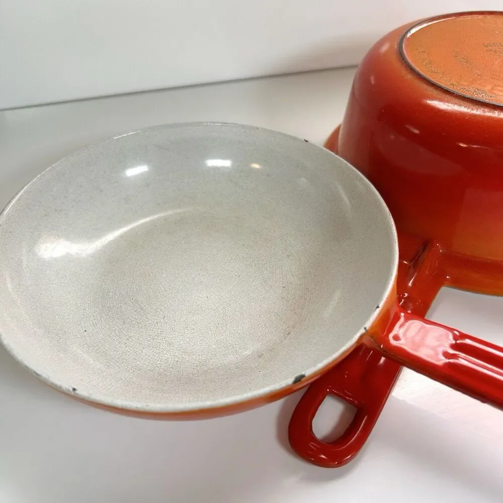 Vintage Descoware Enameled Cast Iron Flame-Orange Saucepan And Skillet-Lid Combo